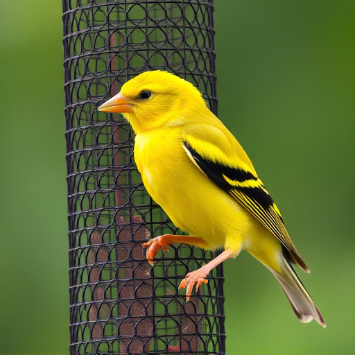 Bright yellow finch perched on mesh tube