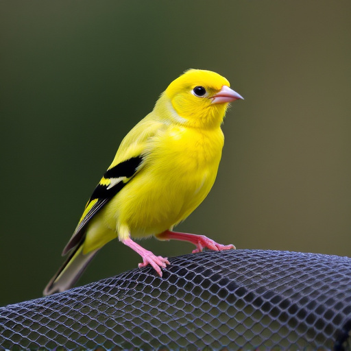 Bright yellow finch perched on mesh tube