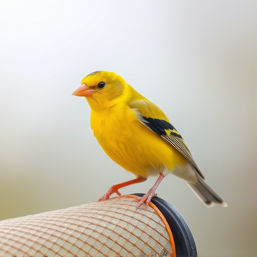 Bright yellow finch perched on mesh tube