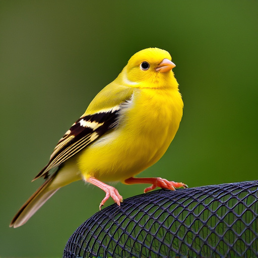 Bright yellow finch perched on mesh tube