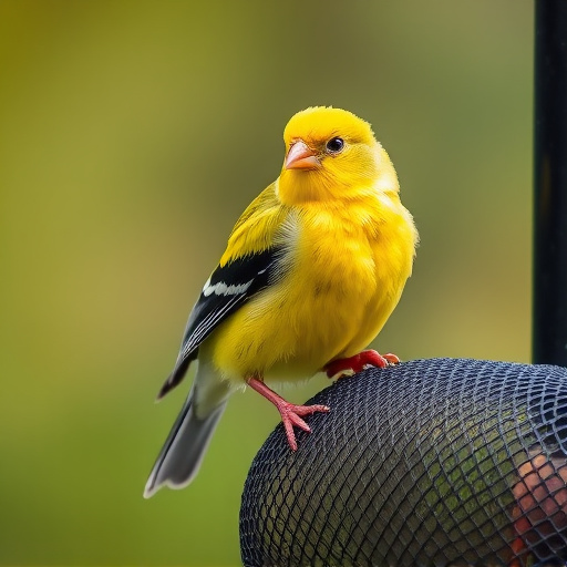 Bright yellow finch perched on mesh tube