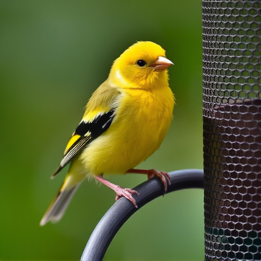 Bright yellow finch perched on mesh tube