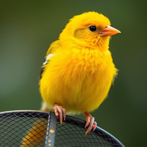 Bright yellow finch perched on mesh tube