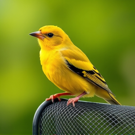 Bright yellow finch perched on mesh tube