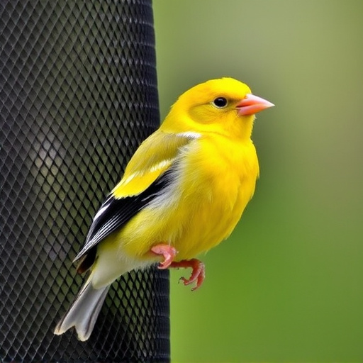 Bright yellow finch perched on mesh tube