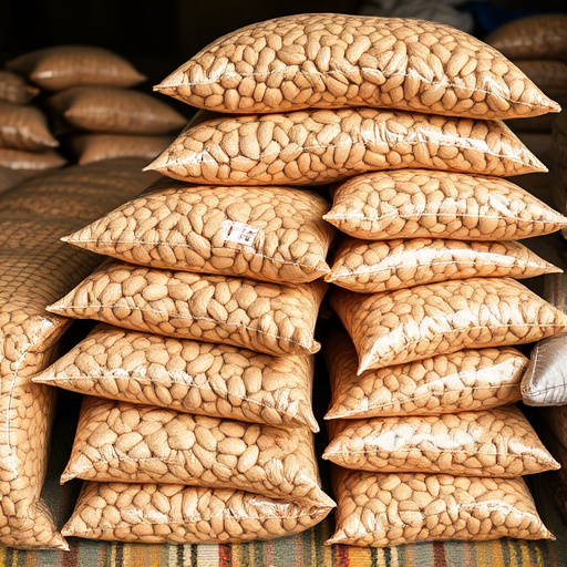 Bulk bags of peanuts stacked neatly