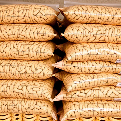Bulk bags of peanuts stacked neatly