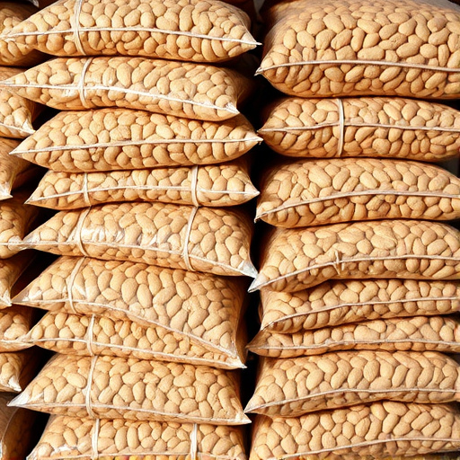 Bulk bags of peanuts stacked neatly