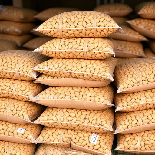 Bulk bags of peanuts stacked neatly