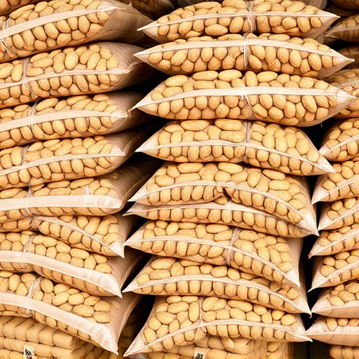 Bulk bags of peanuts stacked neatly