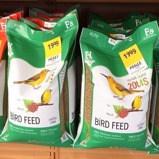 Bulk bird feed bags with price tags