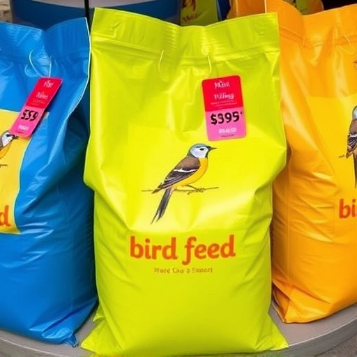 Bulk bird feed bags with price tags