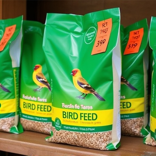 Bulk bird feed bags with price tags