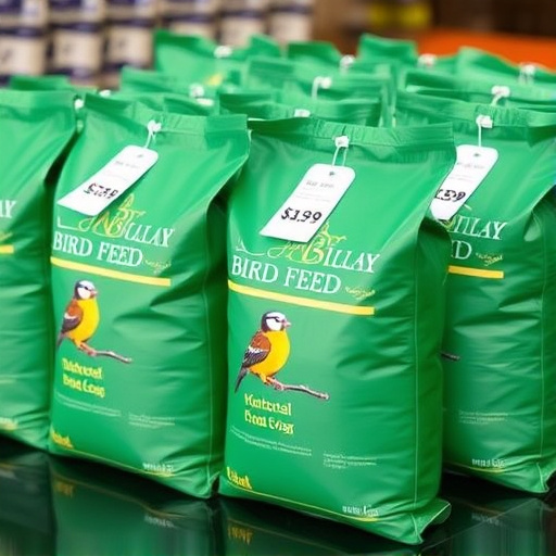 Bulk bird feed bags with price tags