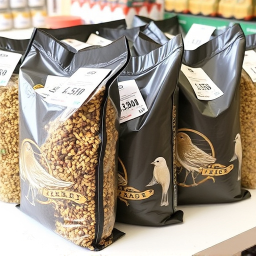 Bulk bird feed bags with price tags