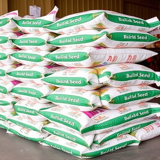 Bulk bird seed bags stacked neatly
