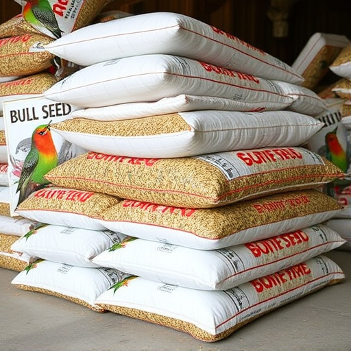 Bulk bird seed bags stacked neatly