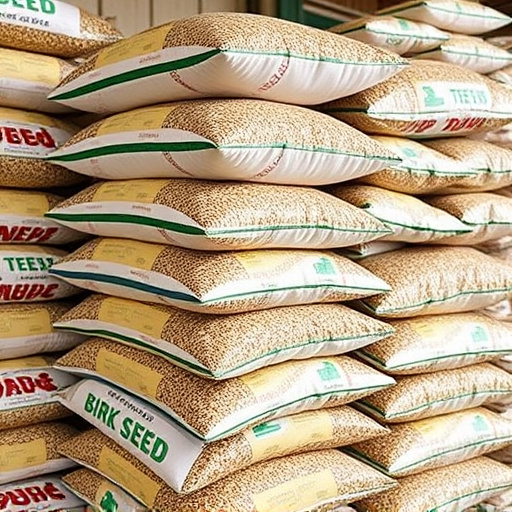 Bulk bird seed bags stacked neatly