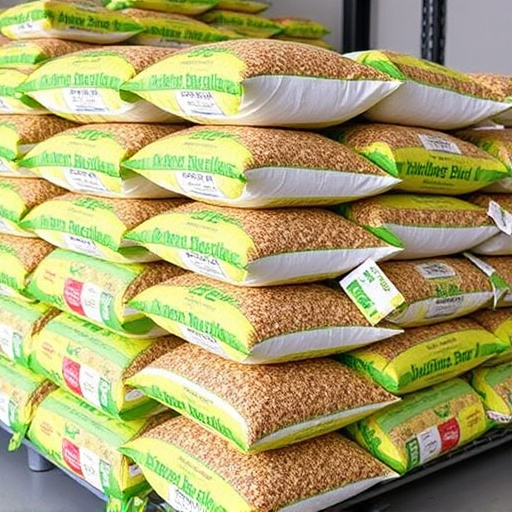 Bulk bird seed bags stacked neatly