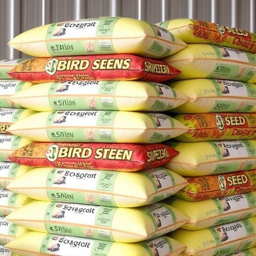 Bulk bird seed bags stacked neatly