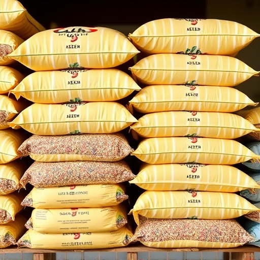 Bulk bird seed bags stacked neatly