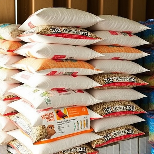 Bulk bird seed bags stacked neatly