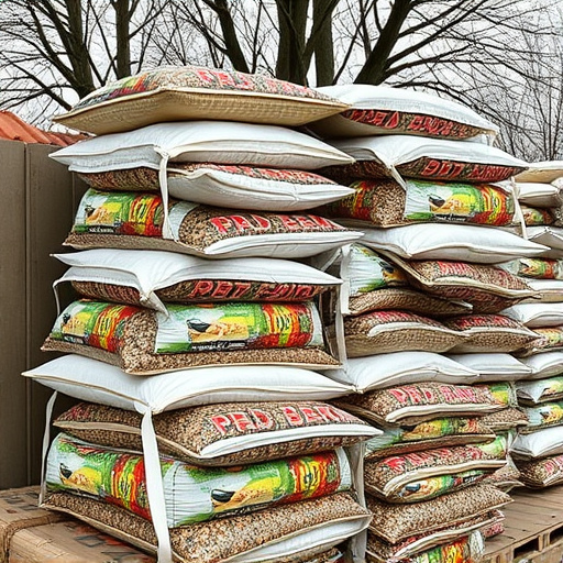 Bulk sacks of bird food stacked outdoors
