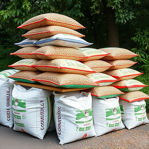 Bulk sacks of bird food stacked outdoors