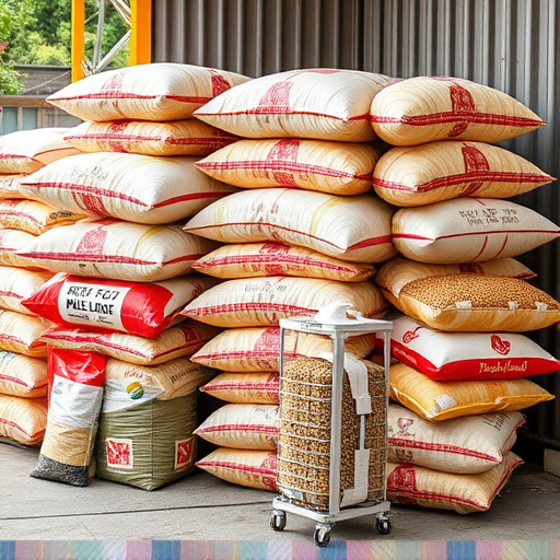 Bulk sacks of bird food stacked outdoors