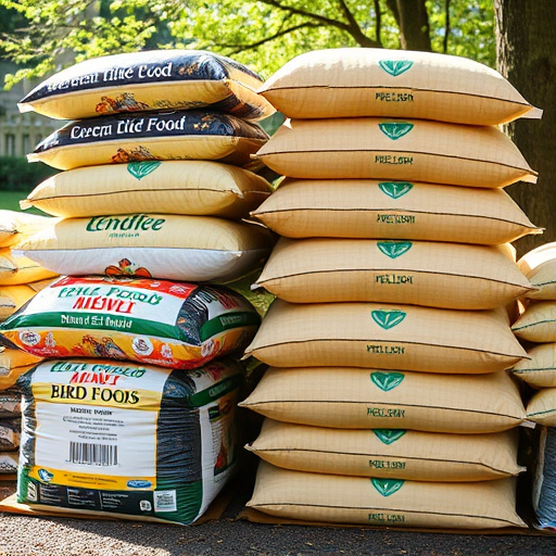 Bulk sacks of bird food stacked outdoors