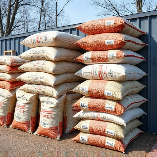 Bulk sacks of bird food stacked outdoors