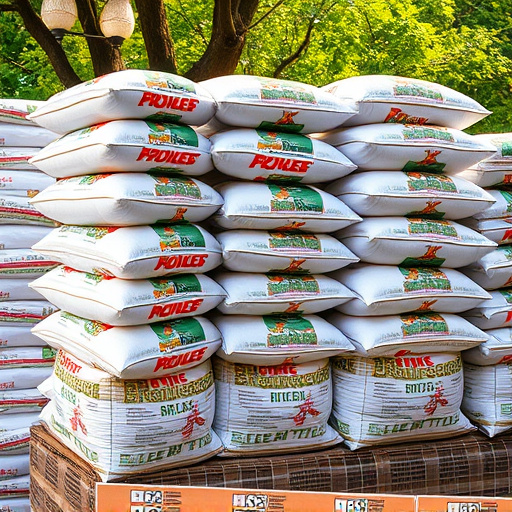 Bulk sacks of bird food stacked outdoors