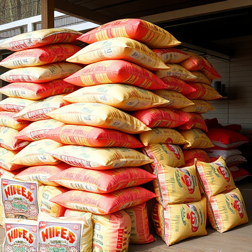 Bulk sacks of bird food stacked outdoors