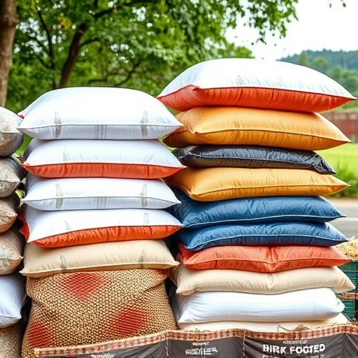 Bulk sacks of bird food stacked outdoors