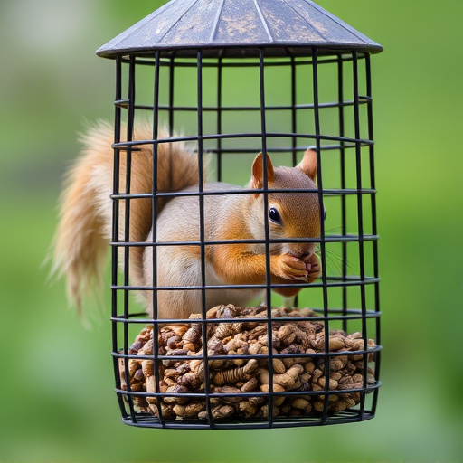 Caged feeder protecting seed from squirrel