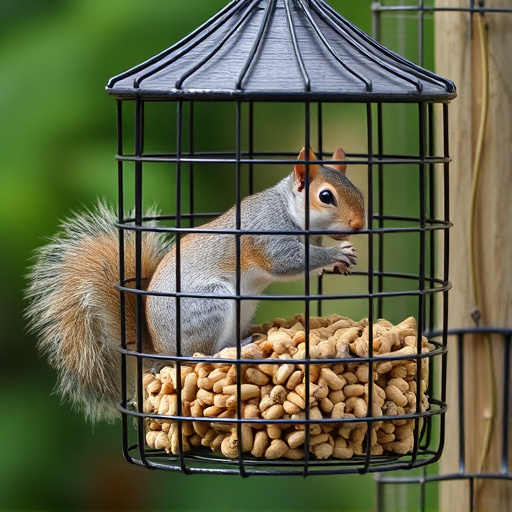 Caged feeder protecting seed from squirrel