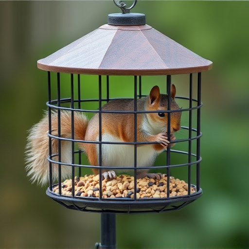 Caged feeder protecting seed from squirrel