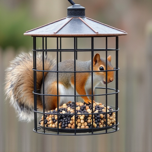 Caged feeder protecting seed from squirrel