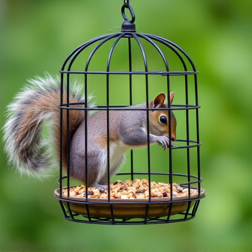 Caged feeder protecting seed from squirrel