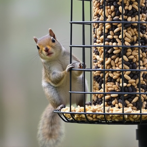 Caged feeder protecting seed from squirrel
