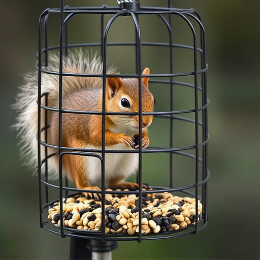 Caged feeder protecting seed from squirrel