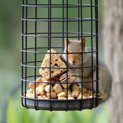 Caged feeder protecting seed from squirrel