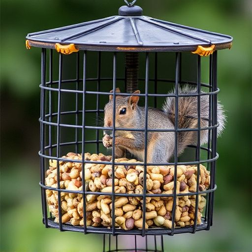 Caged feeder protecting seed from squirrel