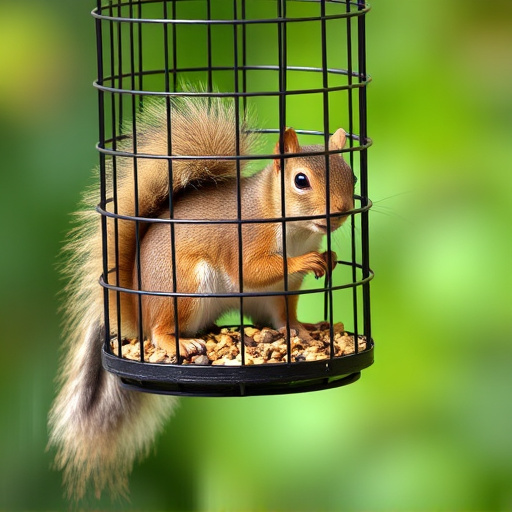 Caged feeder protecting seed from squirrel