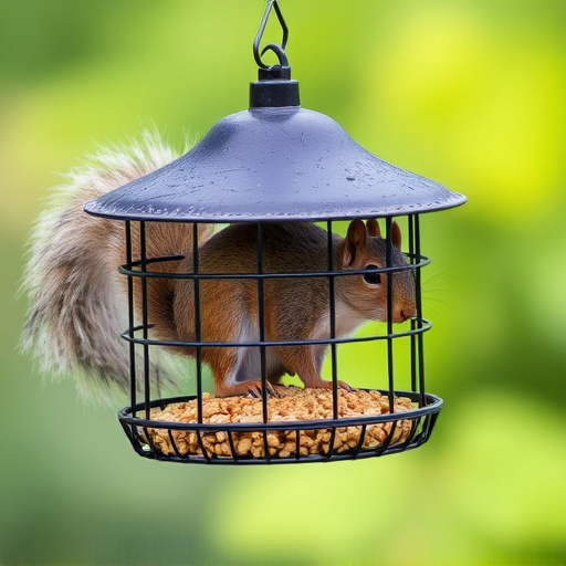 Caged feeder protecting seed from squirrel