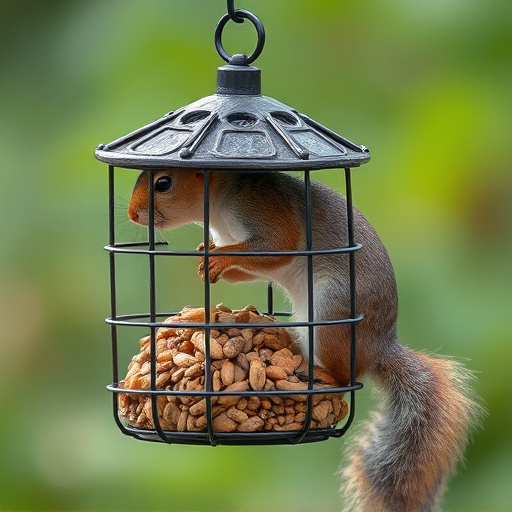Caged feeder protecting seed from squirrel