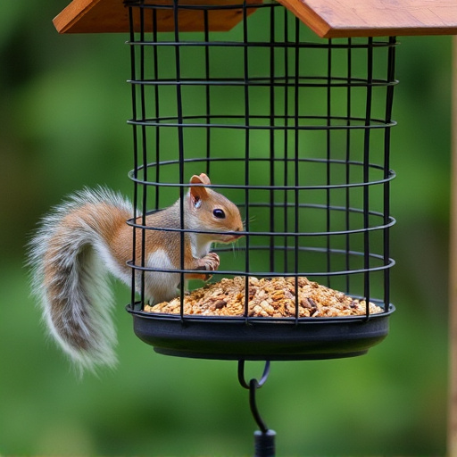Caged feeder protecting seed from squirrel