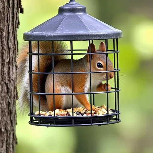 Caged feeder protecting seed from squirrel
