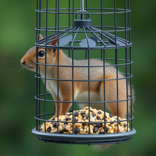 Caged feeder protecting seed from squirrel