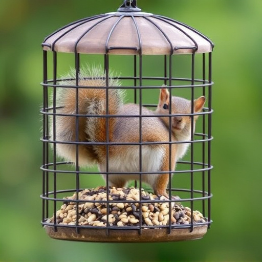 Caged feeder protecting seed from squirrel